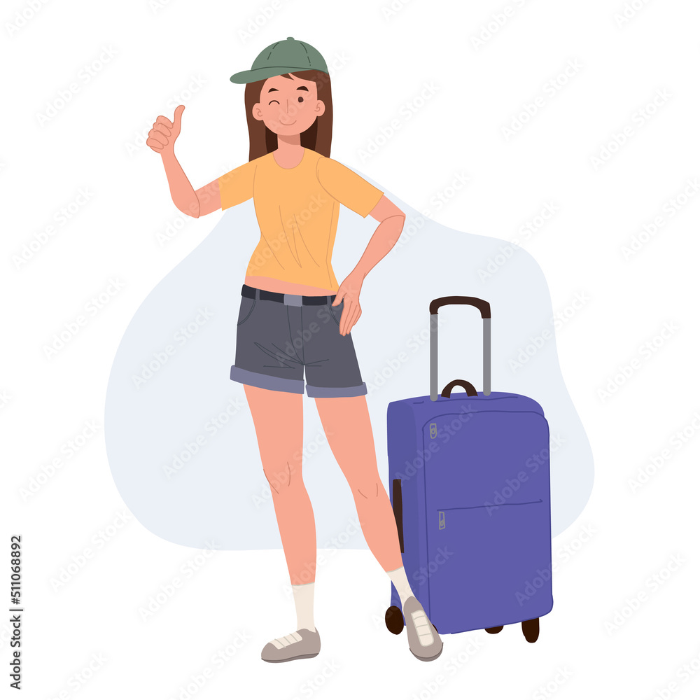 Tourism concept.adventure tourism.female traveler with luggage.Flat cartoon character vector illustration. Tourism concept.adventure tourism.female traveler with luggage.Flat cartoon character vector illustration.