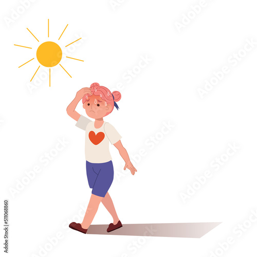 heat stroke concept.Sunstroke and sunburn risk little girl under burning sun. High temperature ,Hot weather.Summer