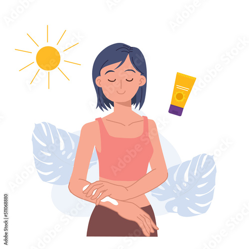 Skin care concept.Sunscreen.Woman using sunscreen.