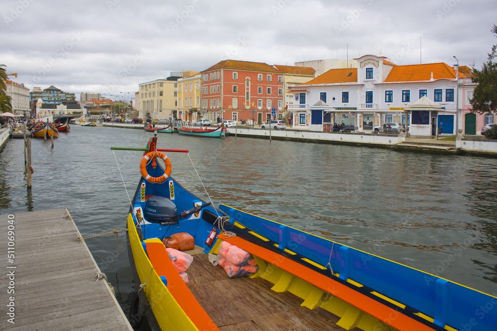 Canal with touristic boats in Old Town of Aveiro, Portugal