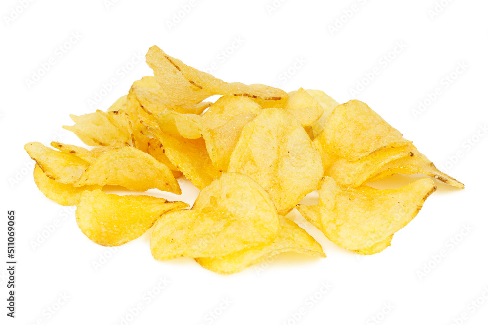Potato chips on a white background, a snack for beer. Potato chips on a white background, a snack for beer.