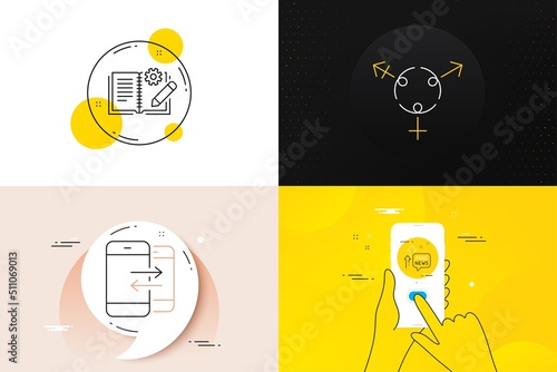 Minimal set of Fake news, Phone communication and Genders line icons. Phone screen, Quote banners. Engineering documentation icons. For web development. Vector