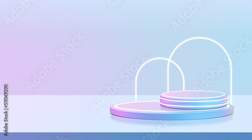 Futuristic cyber stage with 3d neon podium glowing for Product display presentation in pastel colors background.