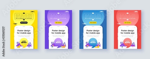 Poster frame with phone interface. Latest news tag. Media newspaper sign. Daily information symbol. Cellphone offer with quote bubble. Latest news message. Vector