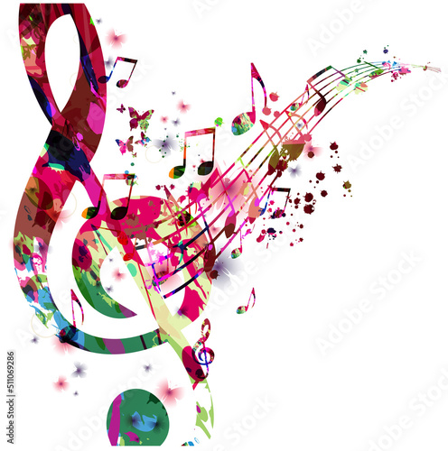 Colorful musical poster with musical notes staff and G-clef isolated vector illustration. Playful modern background for live concert events, music festivals, shows, karaoke party flyers, invitations	