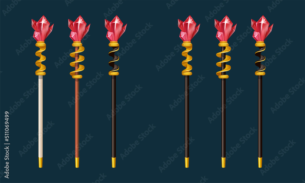Vector illustration set of luxury magic staves for wizard or sorcerer. Magic props for rpg games in casual style. Black, white or wooden stick with gold spiral and red gems, crystals for gaming ui Vector illustration set of luxury magic staves for wizard or sorcerer. Magic props for rpg games in casual style. Black, white or wooden stick with gold spiral and red gems, crystals for gaming ui