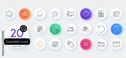 Recovery line icons. Bicolor outline web elements. Backup, Restore data and recover document. Laptop renew, repair and phone recovery icons. Drive fix, restore information and return data. Vector