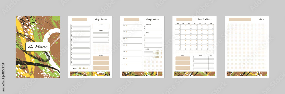 Vector modern abstract planner template with cover. Daily, weekly, monthly page set. Printable business organizer, calendar, weekly schedule, to do list, habit tracker, bujo. Earth colored design - obrazy, fototapety, plakaty 
