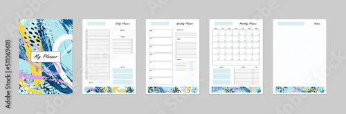 Vector modern abstract planner template with cover. Daily, weekly, monthly page set. Printable business organizer, calendar, weekly schedule, to do list, habit tracker, bujo. Blue colorful design
