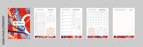 Vector modern abstract planner template with cover. Daily, weekly, monthly page set. Printable business organizer, calendar, weekly schedule, to do list, habit tracker, bujo. Red colorful design