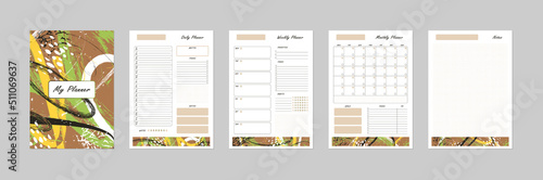 Vector modern abstract planner template with cover. Daily, weekly, monthly page set. Printable business organizer, calendar, weekly schedule, to do list, habit tracker, bujo. Earth colored design
