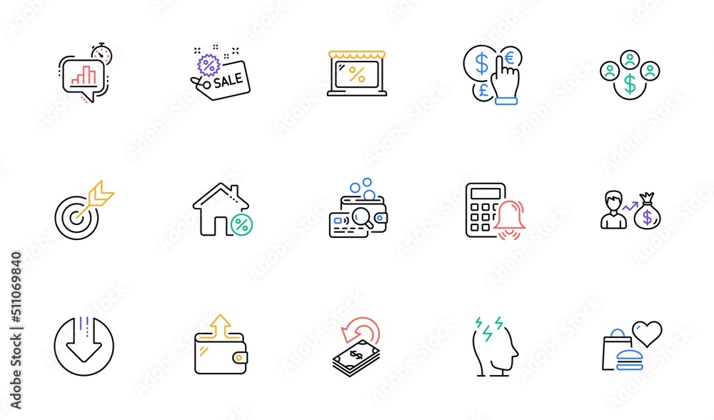 Sallary, Statistics timer and Cashback line icons for website, printing. Collection of Download arrow, Buying currency, Stress icons. Sale, Loan house, Money currency web elements. Vector Sallary, Statistics timer and Cashback line icons for website, printing. Collection of Download arrow, Buying currency, Stress icons. Sale, Loan house, Money currency web elements. Vector