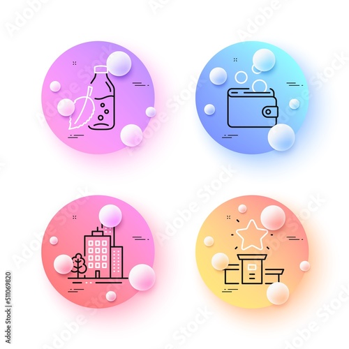 Winner podium, Water bottle and Wallet money minimal line icons. 3d spheres or balls buttons. Buildings icons. For web, application, printing. First place, Mint leaf drink, Coins. Vector