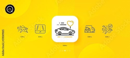 Gps, Honeymoon travel and Delivery truck minimal line icons. Yellow abstract background. Search flight, Confirmed flight icons. For web, application, printing. Vector