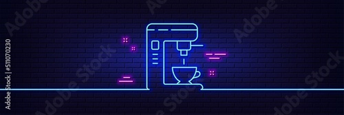 Neon light glow effect. Coffee maker line icon. Vending machine sign. Make tea symbol. 3d line neon glow icon. Brick wall banner. Coffee maker outline. Vector