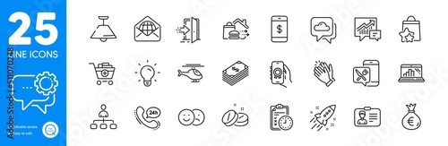 Outline icons set. Award app, Web mail and Dollar icons. Exam time, Like, Clapping hands web elements. Smartphone payment, Add products, Entrance signs. Helicopter, Graph laptop. Vector