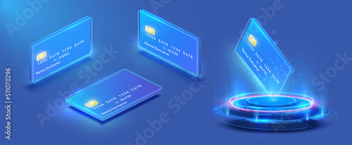 Credit card in various positions, side, top on an isolated blue background. Futuristic projection, hologram of a blue blank credit card. Business, financial concept. Credit card isometric set.