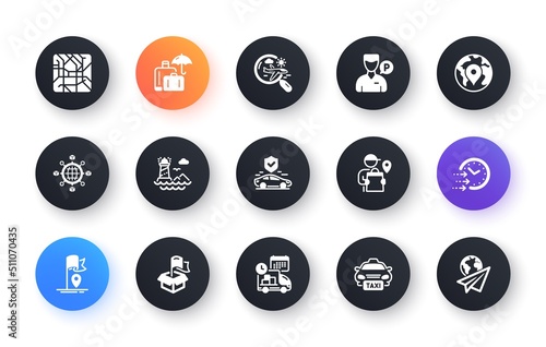 Minimal set of Pin, Delivery time and Delivery man flat icons for web development. Lighthouse, Logistics network, Transport insurance icons. Metro map, Search flight, Taxi web elements. Vector