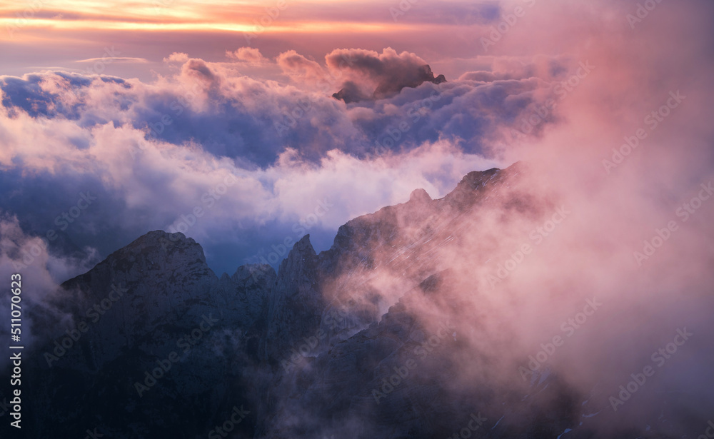 Mystic sunset in the mountains in Julian Alps