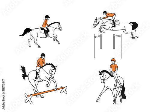 Set of pictures on the theme of a variety of equestrian sports, dressage, show jumping, pony sport