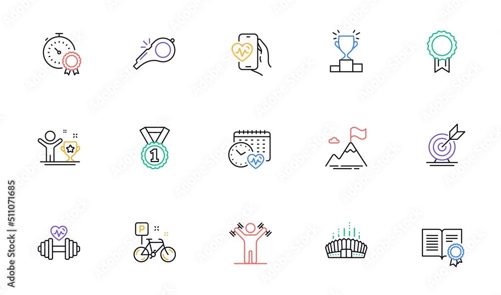 Dumbbell, Arena stadium and Winner cup line icons for website, printing. Collection of Target goal, Reward, Mountain flag icons. Cardio training, Dumbbells workout, Diploma web elements. Vector