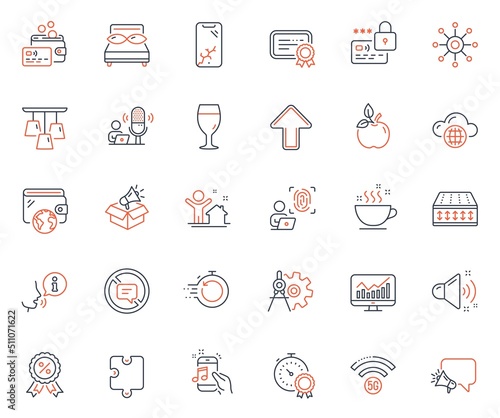 Business icons set. Included icon as Wallet, Music phone and Flexible mattress web elements. Ceiling lamp, Eco food, Certificate icons. Smartphone broken, Upload, Cogwheel dividers web signs. Vector