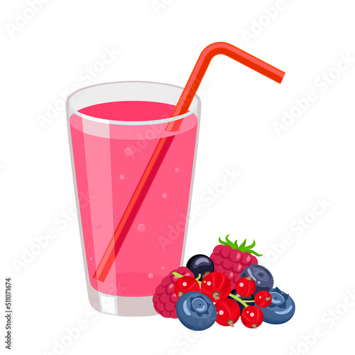 Berries juice in a glass with tube for drinking. Healthy organic  fresh drink icon. Wild berries. Vector illustration in flat style isolated on white. Taking natural vitamins. 