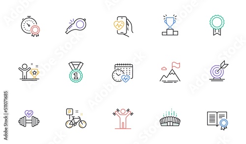 Dumbbell, Arena stadium and Winner cup line icons for website, printing. Collection of Target goal, Reward, Mountain flag icons. Cardio training, Dumbbells workout, Diploma web elements. Vector
