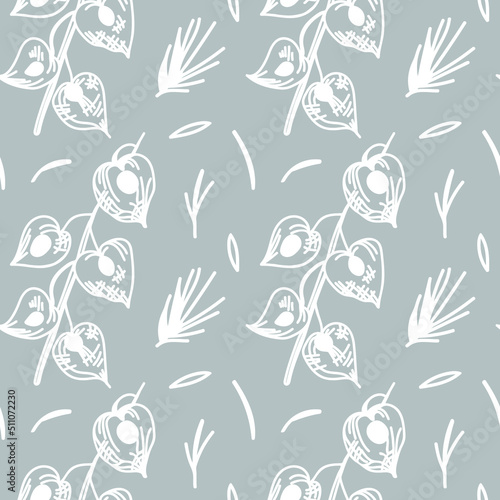 Vector seamless pattern Christmas botanicals in white line on gray background.Repeating,floral print in a minimalist style.Designs for textiles,wrapping paper,fabric,packaging.