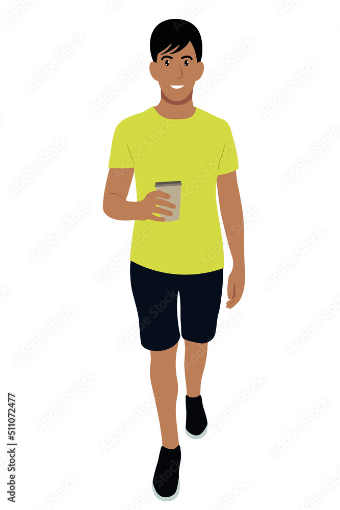 Full length portrait of a indian guy who walks with a paper cup of coffee in his hand, vector isolated on a white background, coffee to go Full length portrait of a indian guy who walks with a paper cup of coffee in his hand, vector isolated on a white background, coffee to go