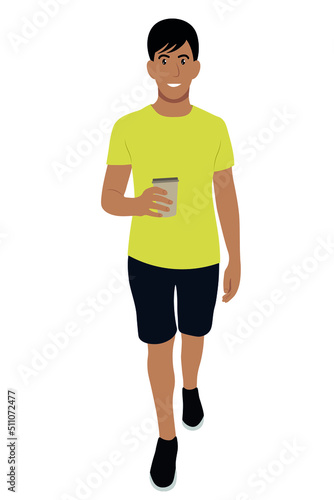 Full length portrait of a indian guy who walks with a paper cup of coffee in his hand, vector isolated on a white background, coffee to go