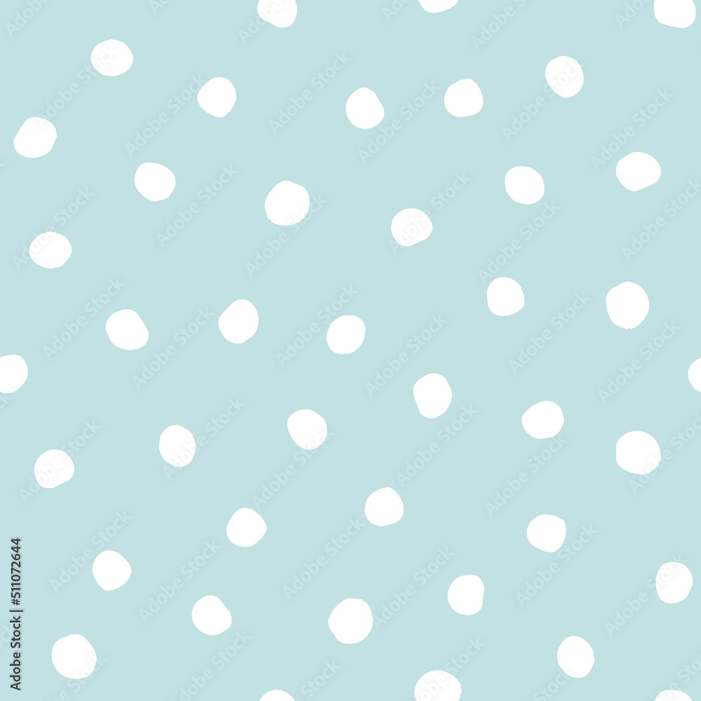 Snow polka dot seamless pattern design in baby sky blue and white hand drawn circles background print. Vector illustration in blue and white colors. Surface pattern design for kids.