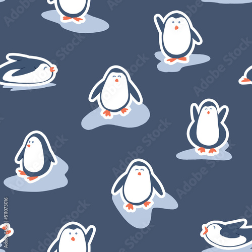 Cute penguins having fun over the ice in a winter childish cartoon seamless pattern background print inspired by sticker design with a white border. Vector illustration in blue  orange  and white