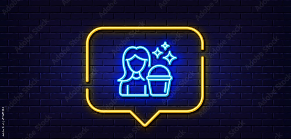 Neon light speech bubble. Cleaning service line icon. Woman with Bucket symbol. Washing Housekeeping equipment sign. Neon light background. Cleaning glow line. Brick wall banner. Vector Neon light speech bubble. Cleaning service line icon. Woman with Bucket symbol. Washing Housekeeping equipment sign. Neon light background. Cleaning glow line. Brick wall banner. Vector