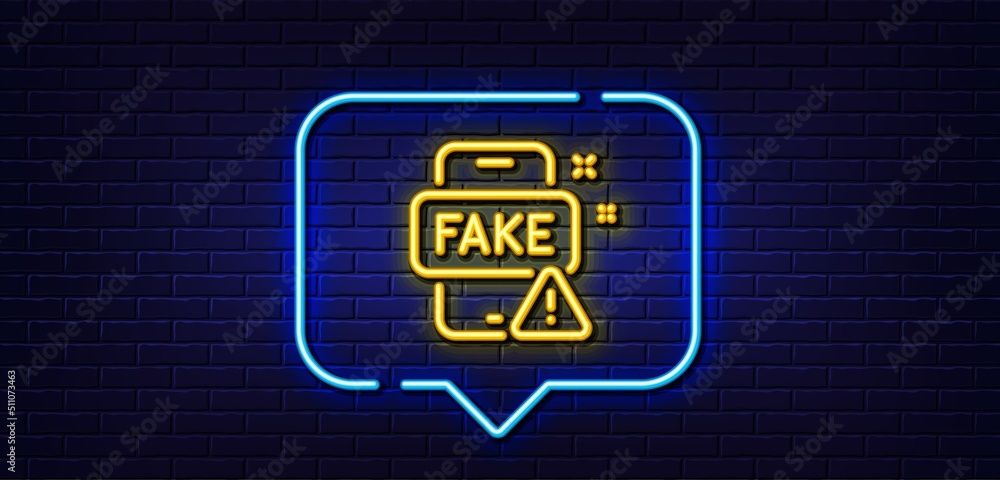Neon light speech bubble. Fake news line icon. Web propaganda sign. Wrong truth symbol. Neon light background. Fake news glow line. Brick wall banner. Vector Neon light speech bubble. Fake news line icon. Web propaganda sign. Wrong truth symbol. Neon light background. Fake news glow line. Brick wall banner. Vector