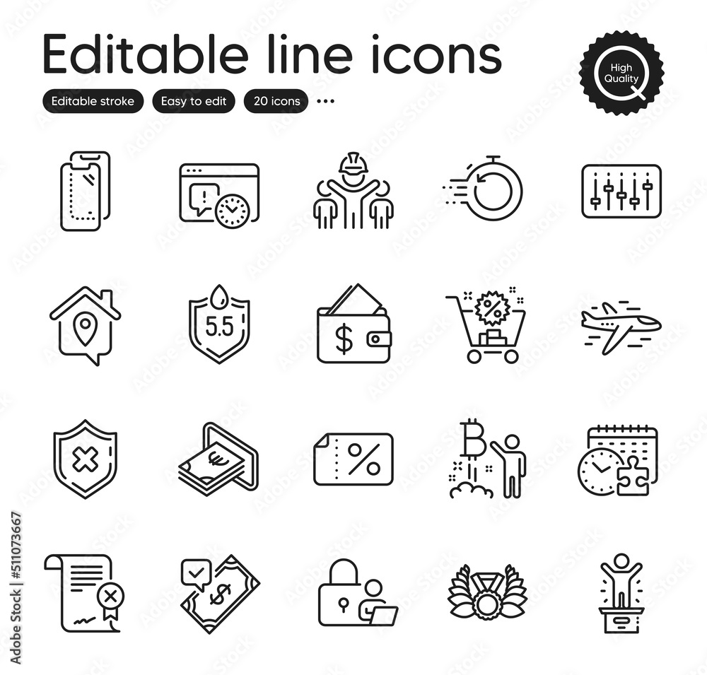 Set of Business outline icons. Contains icons as Work home, Bitcoin project and Laureate medal elements. Engineering team, Reject certificate, Reject protection web signs. Vector