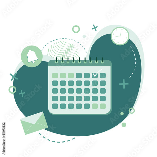 Flat vector illustration of calendar with social media icons on abstract background. Can be used for web banners, infographics. Concept of planning, time management, schedule and email.