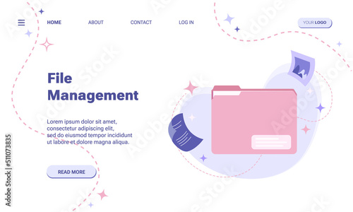 File management tools service landing page template. Vector illustration of file folder with social media icons