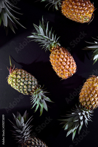 High Quality Pineapple photography  Pineapple Top View  Pattern design  Green and yellow Pineapple on black background