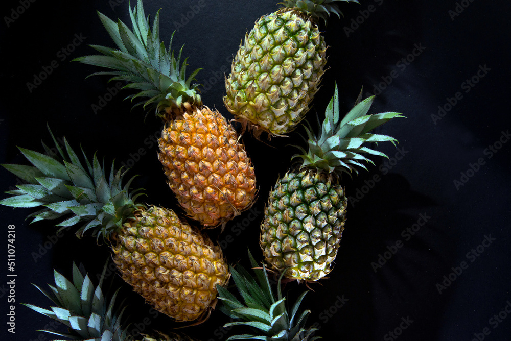 High Quality Pineapple photography, Pineapple Top View, Pattern design, Green and yellow Pineapple with green leaf High Quality Pineapple photography, Pineapple Top View, Pattern design, Green and yellow Pineapple with green leaf