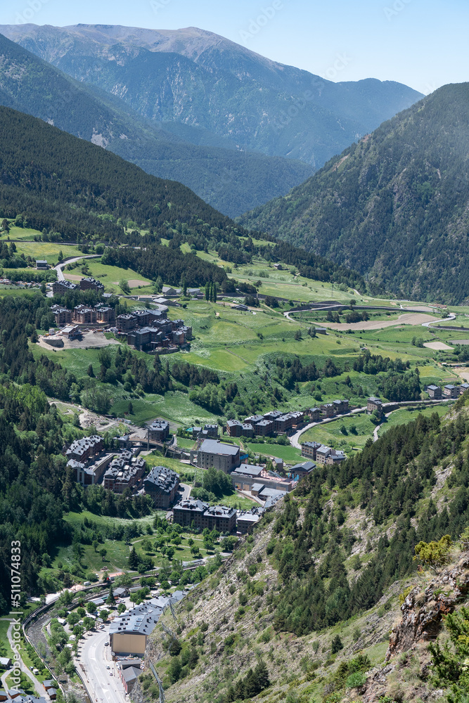 Landscape of the city of Canillo from the longest Tibetan bridge in Europe, 600 meters long and 200 meters high in the Parish of Canillo in Andorra