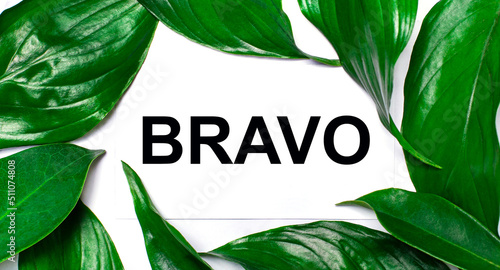 Against the background of green natural leaves, a white card with the text BRAVO