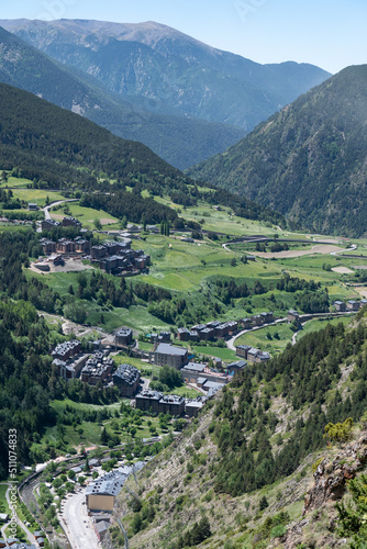 Landscape of the city of Canillo from the longest Tibetan bridge in Europe, 600 meters long and 200 meters high in the Parish of Canillo in Andorra