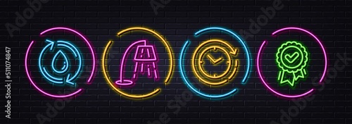 Time change, Stand lamp and Refill water minimal line icons. Neon laser 3d lights. Approved award icons. For web, application, printing. Clock, Floor lamp, Recycle aqua. Verification. Vector