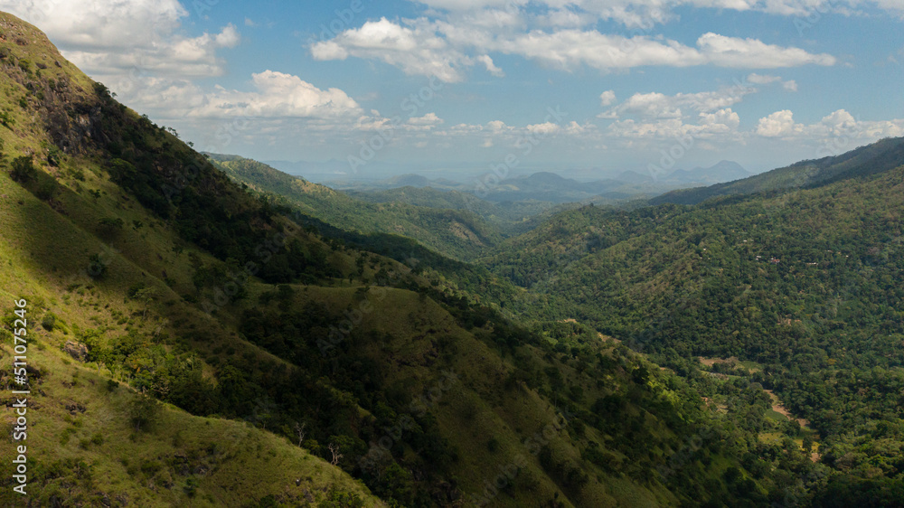 Mountains with rainforest and jungle in the mountainous province. Mountain landscape in Sri Lanka.