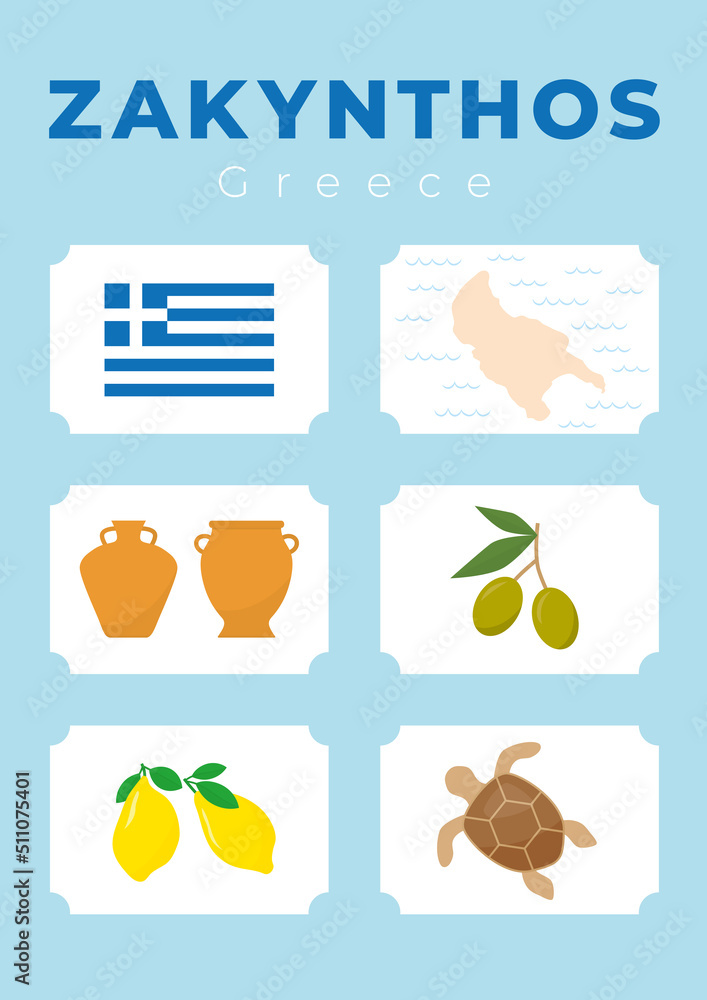 travel poster from Zakynthos Island, greek flag, map of the island, clay vases, olives, citruses and turtle Caretta Caretta- symbol of the island - vector illustration