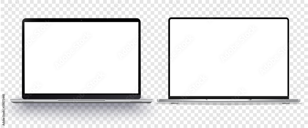 A set of realistic laptops with blank screens isolated on a white background. Laptop front view, well suited for product presentation. Stock vector illustration. - obrazy, fototapety, plakaty 