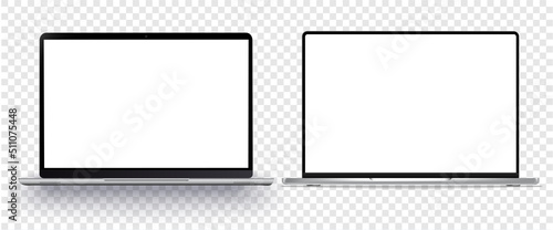 A set of realistic laptops with blank screens isolated on a white background. Laptop front view, well suited for product presentation. Stock vector illustration.