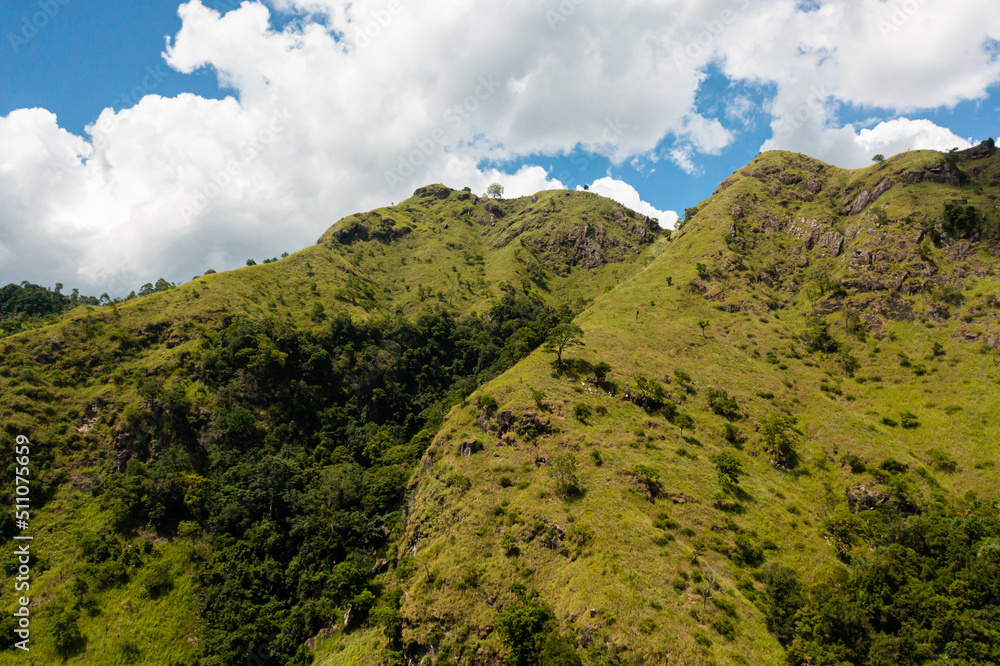Obraz premium Aerial drone of Mountains with green grass and forest against the blue sky and clouds. Mountain landscape in Sri Lanka.