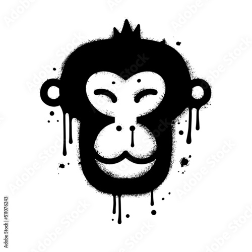 Ape with smiling face in Urban street graffity style. Monkey NFT artwork. Crypto graphic asset. Vector textured illustration. Black icon is isolated on white background. Unique limited edition art.